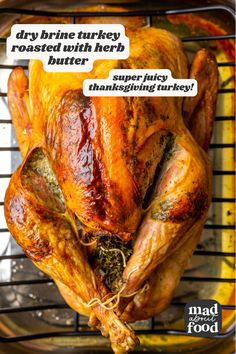 a roasted turkey with herbs and thanksgiving butter on the side is featured in mad food magazine