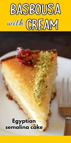 a close up of a slice of cake on a plate with the words babousa with cream