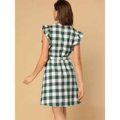 The shirt dress is a must-have piece for summer! Create a retro silhouette with this vintage check-shirt dress. This ruffled-sleeved dress will see you through warmer days in an effortless style. With an on-trend check print, this classic button-decor style boasts a shirt dress shape and nips in the waist with a tie waist for showing your waistline. The plaid designs never go out of style. Retro Gingham Dress For Spring, Retro Plaid Dress For Spring, Retro Gingham Plaid Dress For Spring, Retro Gingham Plaid Spring Dress, Retro Summer Plaid Dress For Picnic, Retro Plaid Dress For Summer Picnic, Green Plaid Summer Dress For Picnic, Preppy Plaid Dress For Picnic, Preppy Cotton Plaid Summer Dress