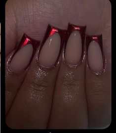 Dark Red Nails For Prom, Dark Red Chrome French Tip Nails, Red Nails Prom Short, Dark Red Acrylic Nails Designs Ideas, Red Nail Designs With Initial, Red Deep French Tip Nails, Red Glitter French Tip Nails Short, Earthy Nails Acrylic Short