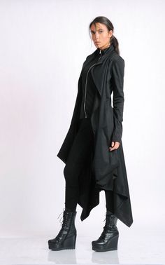 Asymmetrical Black Jacket - МЕТC0061 An extravagant loose coat in black with a futuristic design. The beautiful asymmetry makes the item universal and unique at the same time! A cardigan that will make you feel warm, comfortable, but also stylish and attractive. The bottom part is asymmetrical and it gives you freedom. This piece is zipped up. It also comes with a side belt which you can tie at the front. The zipped up black blazer is part of the jacket. This loose tunic doesn't have a lining. I Female Techwear Outfit, Ninja Fashion, Asymmetrical Vest, Black Tuxedo Jacket, Upcycled Jackets, Formal Chic, Asymmetrical Coat, Side Belt, Loose Jacket