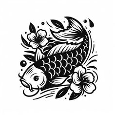 a black and white koi fish with flowers