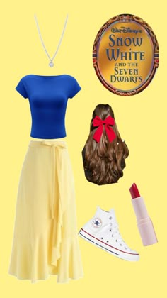 the snow white and the seven dwarfs costume is shown with converse shoes, lipstick, and necklace