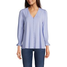 A three-quarter sleeve top is the perfect option for in between seasons. This one has smocking on the sleeves so you can wear it however you like: sleeves down for more coverage or pushed up higher on your arm. The V-neck is flattering but modest and the full button-front closure has a built-in placket underneath to keep your bra from peeking through. The A-line silhouette gives you flattering ease and will look great with anything from jeans to your favorite skirt. 3/4 Sleeve Blouse With Button Closure For Spring, Spring Blouse With 3/4 Sleeves And Button Closure, Fall Blouse With 3/4 Sleeves And Button Closure, Spring 3/4 Sleeve Top With Buttons, Three Quarter Sleeve Tops, Dickies Women, Button Front Top, Hem Style, Front Tie Top