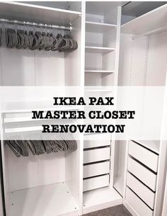 an organized closet with white shelves and gray carpeted flooring that says ikea pax master closet renovation