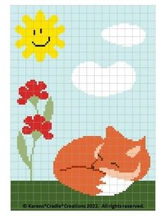 a cross stitch pattern with a sleeping fox and flowers