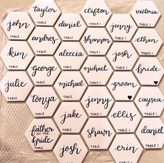 the hexagons are labeled with names and phrases for each wedding guest's place