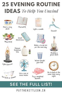 Improve your sleep hygiene at night with these relaxing evening routine ideas. This night time routine will help you wind down, practice self-care, improve your sleep and be more productive and successful the next morning. Evening Routine Ideas, Nurture Yourself, Sleep Hygiene, Light Exercise, Relaxing Evening