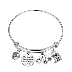 PRICES MAY VARY. ♥Material: stainless steel, it is lead free and nickel free. Stainless Steel is hypo allergenic, it doesn’t rust, change color or tarnish. ♥Size: the engrave round charm is 2 cm in diameter, the wire bangle is 6.5 cm, fits most people wrists. ♥Engraved with a lovely and inspirational quote “the secret ingredient is always Love”, wonderful for baking master and anyone who love baking in your life. It also perfectly expresses your support and encouragement or gratitude and appreci Nickel-free Metal Charm Bracelet For Birthday, Nickel-free Stainless Steel Round Charm Bracelet, Mother's Day Nickel-free Stainless Steel Charm Bracelet, Secret Ingredient Is Always Love, Coworker Leaving, Leaving Gifts, Gifts Anniversary, Wire Bangles, Motivational Gifts