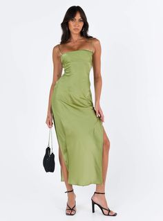 Maxi dress Slim fitting 95% polyester 5% elastane Silky material Adjustable shoulder straps Lace up and invisible zip fastening at back Leg slits Non-stretch Lined bust Party Outfit Formal, Hoco Ideas, Stylish Maxi Dress, Engagement Party Dresses, Winter Wedding Guest Dress, Trip To Greece, Winter Formal Dresses, Green Homecoming Dresses, Green Maxi Dress