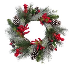 a christmas wreath with pine cones and berries