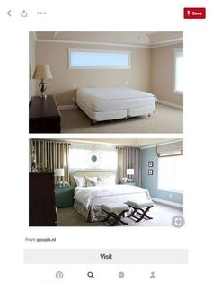 there are two pictures of a bedroom with the same bed and window in each room