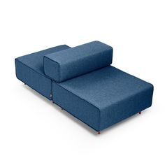 two blue and gray couches sitting next to each other on a white surface with no one in it