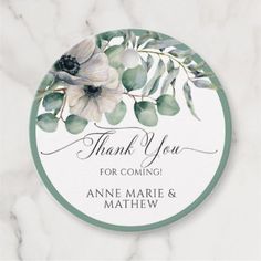 thank you for coming with anemone and eucalyptus leaves on marble background round sticker