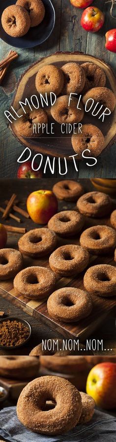 there are several different types of donuts on the table with apples in the background