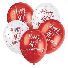 red and white balloons with the words happy anniversary written on them in black ink, against a blue background