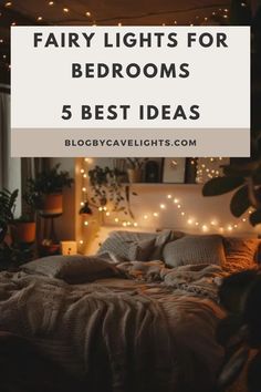 a bedroom with fairy lights on the ceiling