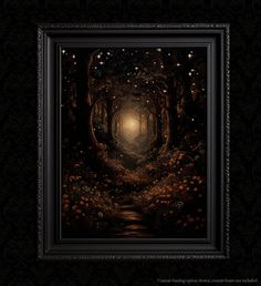 a painting with an image of a forest at night