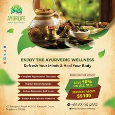 Save 10% on all our ayurvedic wellness therapies Exclusive mind-body rejuvenation packages. Refresh your mind when stressed out. Try our services this June and get 10% off on all our services when you spent above $100. Valid till 30th June Ayurvedic Spa, Ayurvedic Clinic, Spa Body, Ayurvedic Massage, Ancient Healing, Massage Center, Chakra Yoga, Detoxify Your Body, Body Spa