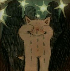 a drawing of a cat with its eyes closed and rain drops falling down on it