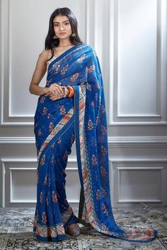 Shop for Mandira Wirk Blue Chanderi Printed Saree With Blouse for Women Online at Aza Fashions Mandira Wirk, Print Motifs, Blue Saree, Printed Saree, Stylish Sarees, Indian Fashion Designers, Traditional Fashion, Saree With Blouse, Blouse Online