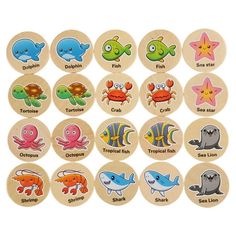 wooden magnets with different types of sea animals