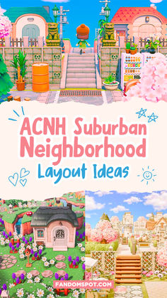 the front cover of acn suburban neighborhood layout ideas, including steps and flowers in blooming trees