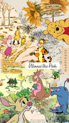 winnie the pooh collage with many different pictures and words on it's side