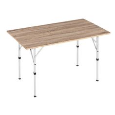 a wooden table with metal legs and a white frame on the top, against a white background