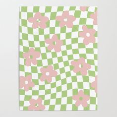 a green and white checkered background with pink flowers