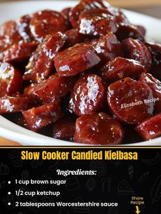 an advertisement for slow cooker candied kielbasa on a plate with instructions