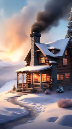 log cabin on a mountains in the winter with smoke from the chimney cozy