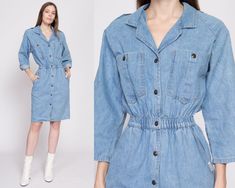 "Vintage 80s denim shirtdress with snaps down the front, an elastic waist, pockets on the chest and skirt, and 3/4 length sleeves (shown cuffed on model). Measurements and Condition:    Fits like: Labeled medium, fits modern small to medium Fabric: Cotton denim Brand: Ideas Condition: Very good, with light general wear, and some faint yellowing to the denim at some of the edges and on the back of the bodice.   Length: 38\" Chest: 38\" Waist: elastic stretches 23\" to 29\" comfortably Hips: 38\" Vintage Long Sleeve Denim Dress With Pockets, Vintage Button-up Denim Dress For Spring, Retro Buttoned Denim Dress For Spring, Retro Denim Dress With Buttons For Spring, Retro Spring Denim Dress With Buttons, Retro Denim Dress With Pockets, Spring Denim Dress With Buttoned Pockets, Vintage Long-sleeve Denim Dress For Spring, Vintage Long Sleeve Denim Dress For Spring