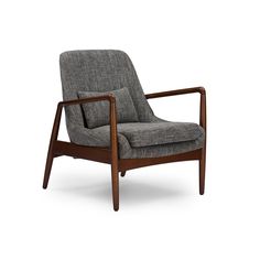 the chair is made from wood and has grey upholstered fabric, with a wooden frame