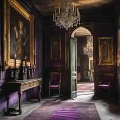 an ornate room with purple walls and paintings on the wall, chandelier and table