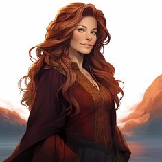 a woman with long red hair standing in front of mountains