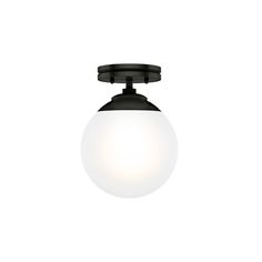 a black and white light fixture with a glass ball on the top, against a white background