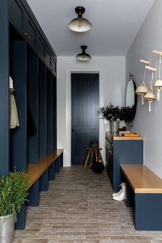 a long hallway with blue cabinets and wooden benches next to a plant in a pot