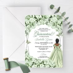 an elegant princess and the frog themed birthday party is featured in this green watercolored card