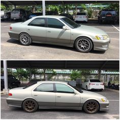 two pictures of a silver car parked in a parking lot