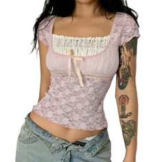 PRICES MAY VARY. Material - Short sleeve y2k fairy grunge shirts for women lace trim tight shirts for women aesthetic shirts is made of polyester, high quality fabric brings excellent wearing experience, soft, lightweight and comfortbale to wear Design - Fairy clothes y2k short sleeve crop tee, features short sleeve, low cut, lace trim, slim fitted, cropped length, short sleeve shirts for teens y2k top fairy top sexy makes you more charming and attractive Occasion -Womens fashion fitted short sl Coquette Closet, Vintage Tees Women, Pink Lace Shorts, Kawaii Shorts, Top In Pizzo, Grunge Coquette, Lace Short Sleeve Top, Gothic Grunge, Lace Patchwork