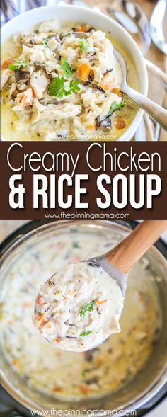 creamy chicken and rice soup in a white bowl