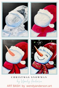 three paintings of snowmen with hats and scarves on them, one is wearing a santa hat