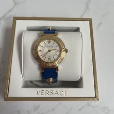 Versace V-Tribute Leather Watch Blue Leather Strap 36mm Ip Yellow Gold Case Swiss Made Quartz Movement Brand New In Box Elegant Blue Watch With Leather Strap, Designer Blue Watches With Diamond Hour Markers, Designer Blue Watch As Gift, Designer Blue Watch For Gift, Designer Blue Watches As Gift, Designer Blue Watches Gift, Designer Blue Watch, Designer Blue Leather Watch, Versace Jewelry