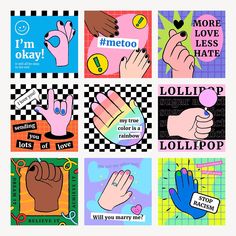 four posters with different hand gestures and words on them, including one that says i'm okay