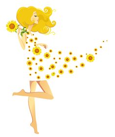 a woman with sunflowers on her body and long blonde hair is flying through the air