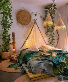 a bedroom with plants and lights on the wall