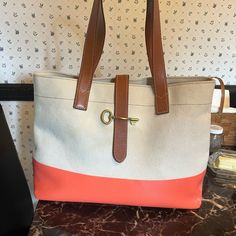 Fossil Austin Shopper Hot Coral Cotton Canvas Shoulder Tote Bag With Brown Leather Double Handels Good Condition Clean Normal Wear On The Corners Brand New With Tags! 100% Genuine Leather Approximate Measurements: 17.5" L X 11" H X 4" W Orange Canvas Shopping Bag, Orange Canvas Shoulder Bag For Everyday Use, Orange Everyday Canvas Shoulder Bag, Orange Canvas Tote Bag For Everyday Use, Orange Canvas Shoulder Bag For Shopping, Orange Canvas Tote Bag For Daily Use, Large Capacity Orange Canvas Bag For Everyday, Everyday Use Orange Canvas Tote Bag, Orange Canvas Shoulder Bag For Daily Use