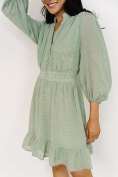 Say hello to our pretty new Harmony Embossed Dress in Sage! This cute dress has gorgeous embroidery and adorable button details! Embroidered Material, Dresses Velvet, Dress Sage, Sage Dress, Tiered Midi Skirt, Baltic Born, Country Dresses, Chiffon Material, Short Skirt