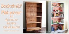 bookshelf makeover with wallpaper and decorative wall paper